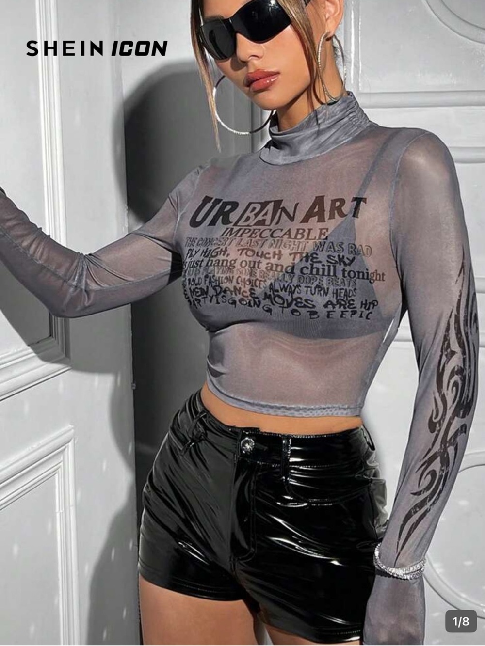SHEIN Sheer Long Sleeve Mesh Crop Top Mock Neck Grey sm